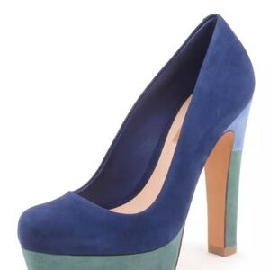 Schutz Corinne High Heel Blue PrintSuede ColorblockPlatform Sz 8 EUC